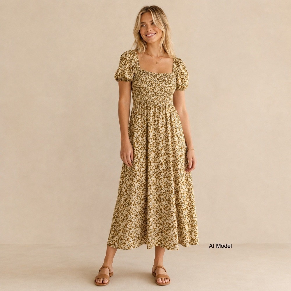 Cottagecore Prairie Midi Dress Small Floral Smocked Boho Milkmaid Vibe‎ Romantic